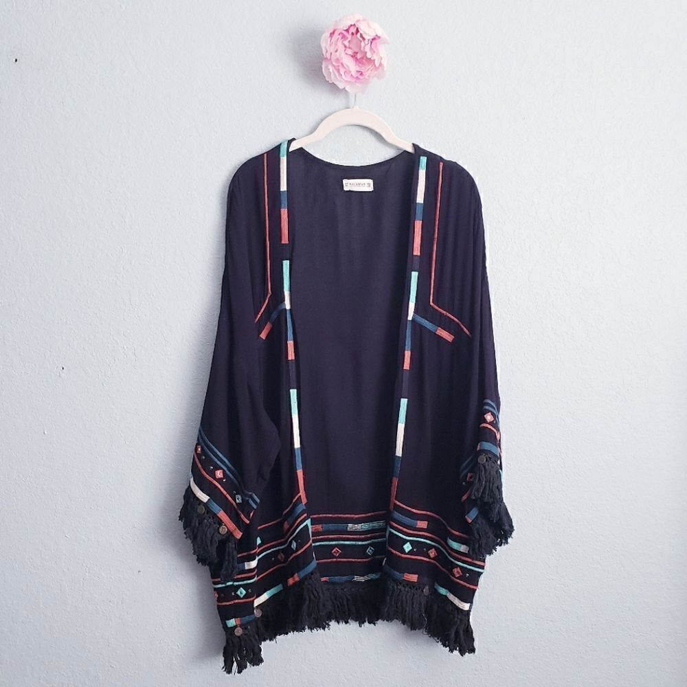 Pull & Bear Black Boho Embroidered Fringe Cardigan